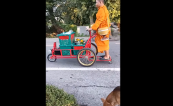 タイ中部の僧侶が電気式台車で托鉢！物議を呼ぶ